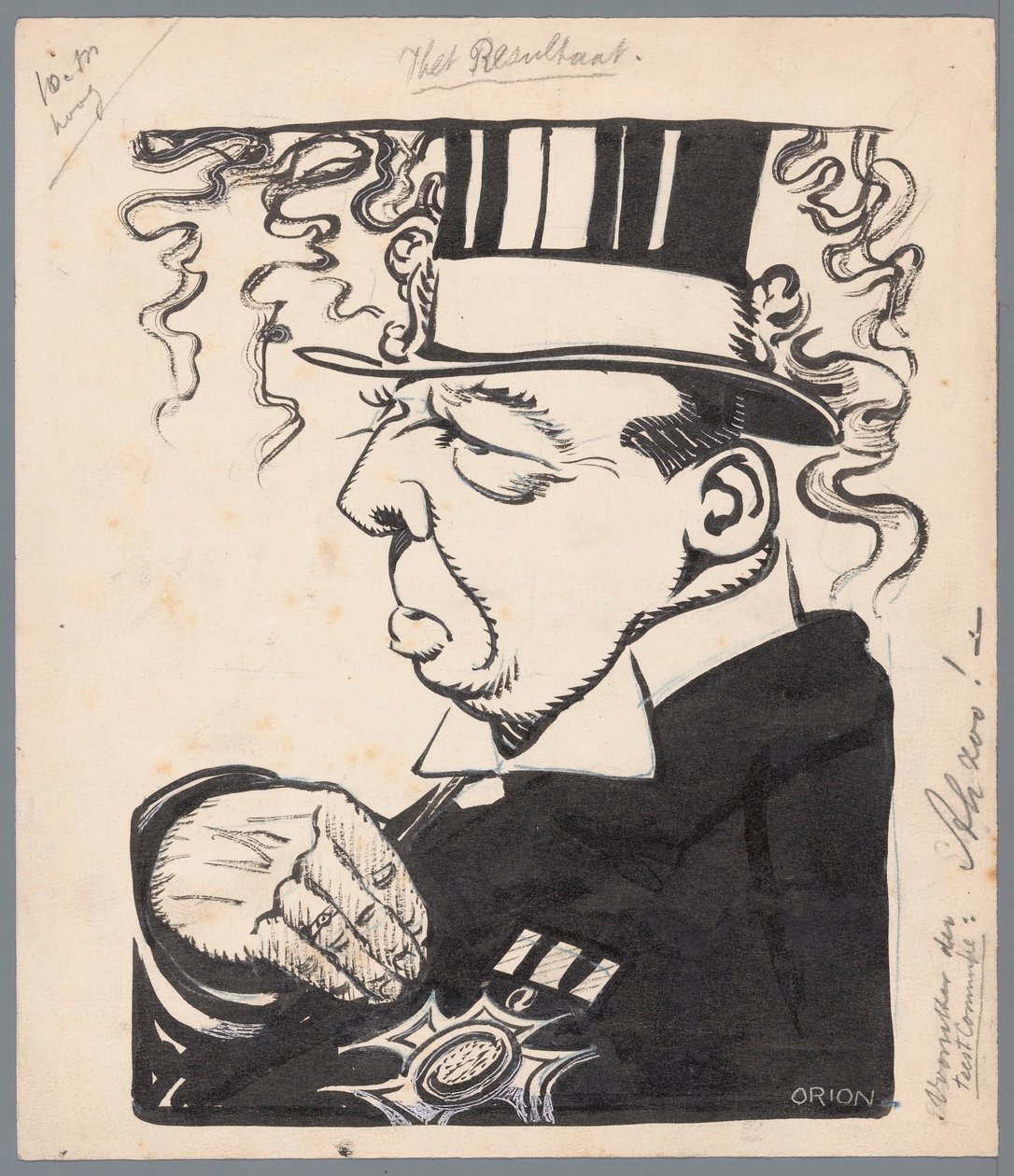 Politiker med hög hatt och dekoration på bröstet Resultatet (titel på objekt) av Patricq Kroon (signed by artist)