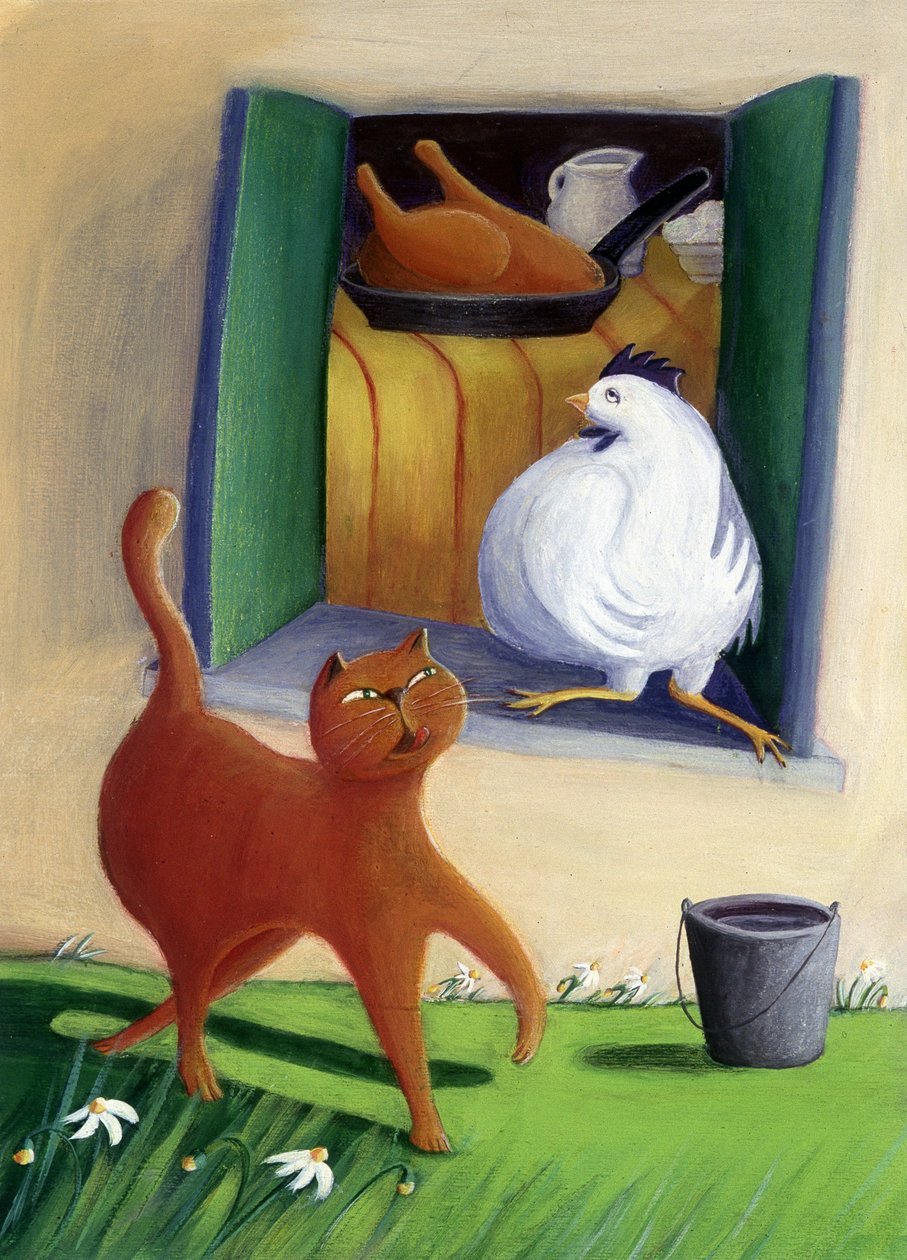 Katt och kyckling på bondgårdens gårdsplan - illustration av Patrizia La Porta av Patrizia La Porta
