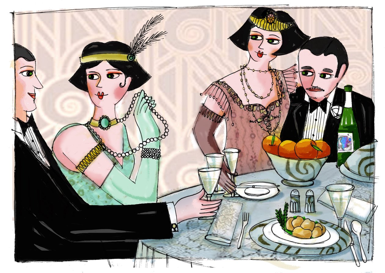 Illustration av en världslig middag i "Gatsby the Magnificent" av den amerikanske författaren Francis Scott Fitzgerald (1896-1940) (Den store Gatsby) Teckning av Patrizia Laporta av Patrizia La Porta