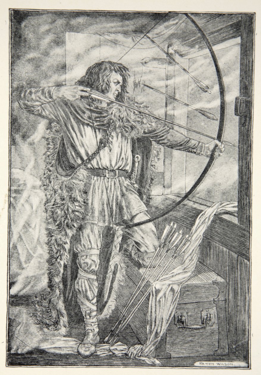 William fortsatte sitt underbara bågskytte, från "Hero Myths and Legends of the British Race" av M.I. Ebbutt av Patten Wilson