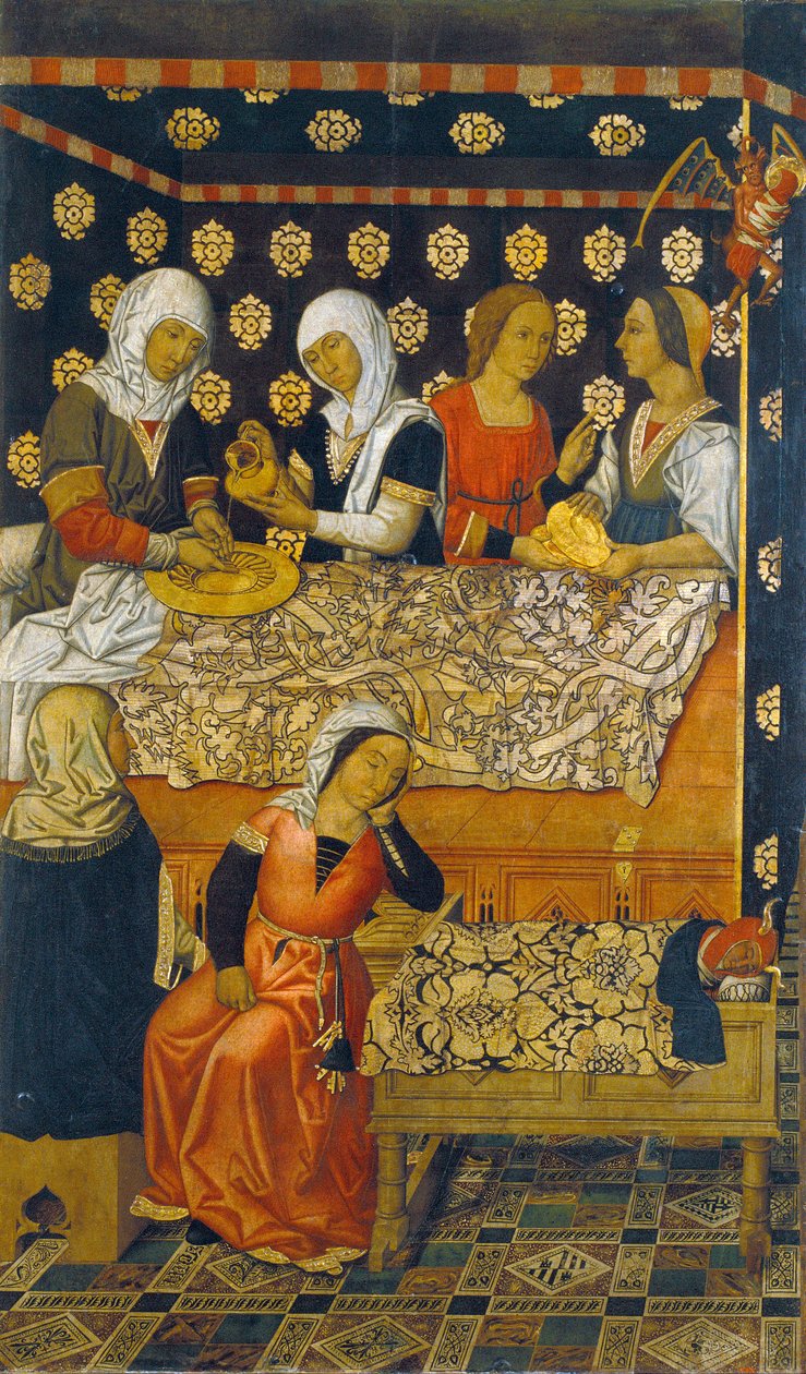 Saint Stephens födelse - The Birth of Saint Stephen - Målning av familjen Vergos (aktiv i slutet av 1400-talet) - ca. 1495 - Tempera på panel - 200x123,2 - Museu Nacional d