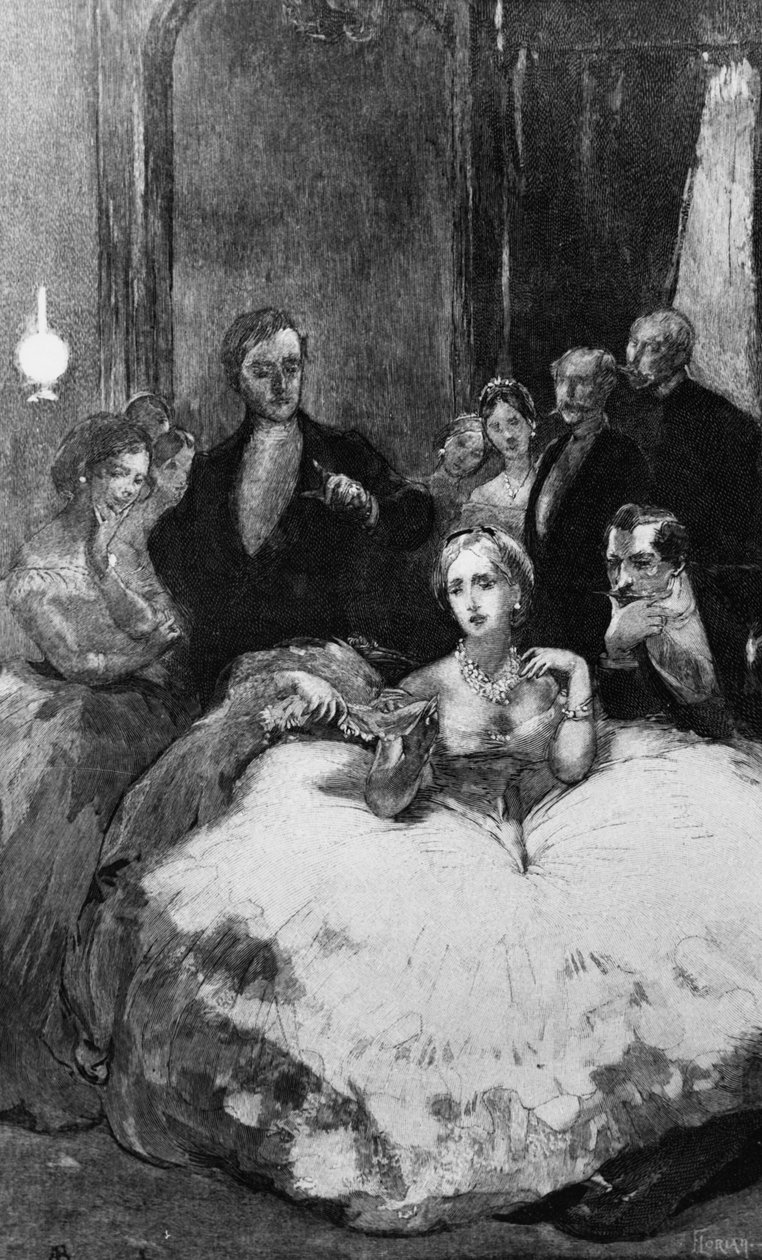Daniel Dunglas Home trollar fram en hand för att knyta kejsarinnan Eugenies näsduk, illustration från "Force Psychique" av Yveling Rambaud, tryck gjord av Florian, publicerad 1889. av Paul Albert Besnard
