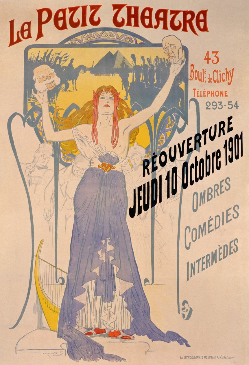 Affisch för återöppning av Le Petit Theatre på Boulevard Clichy i Paris den 10 oktober 1901. av Paul Balluriau