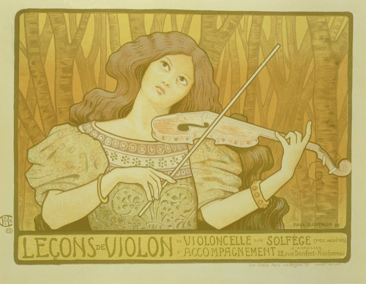 Reproduktion av en affisch med reklam för "Violinlektioner", Rue Denfert-Rochereau, Paris, 1898. av Paul Berthon
