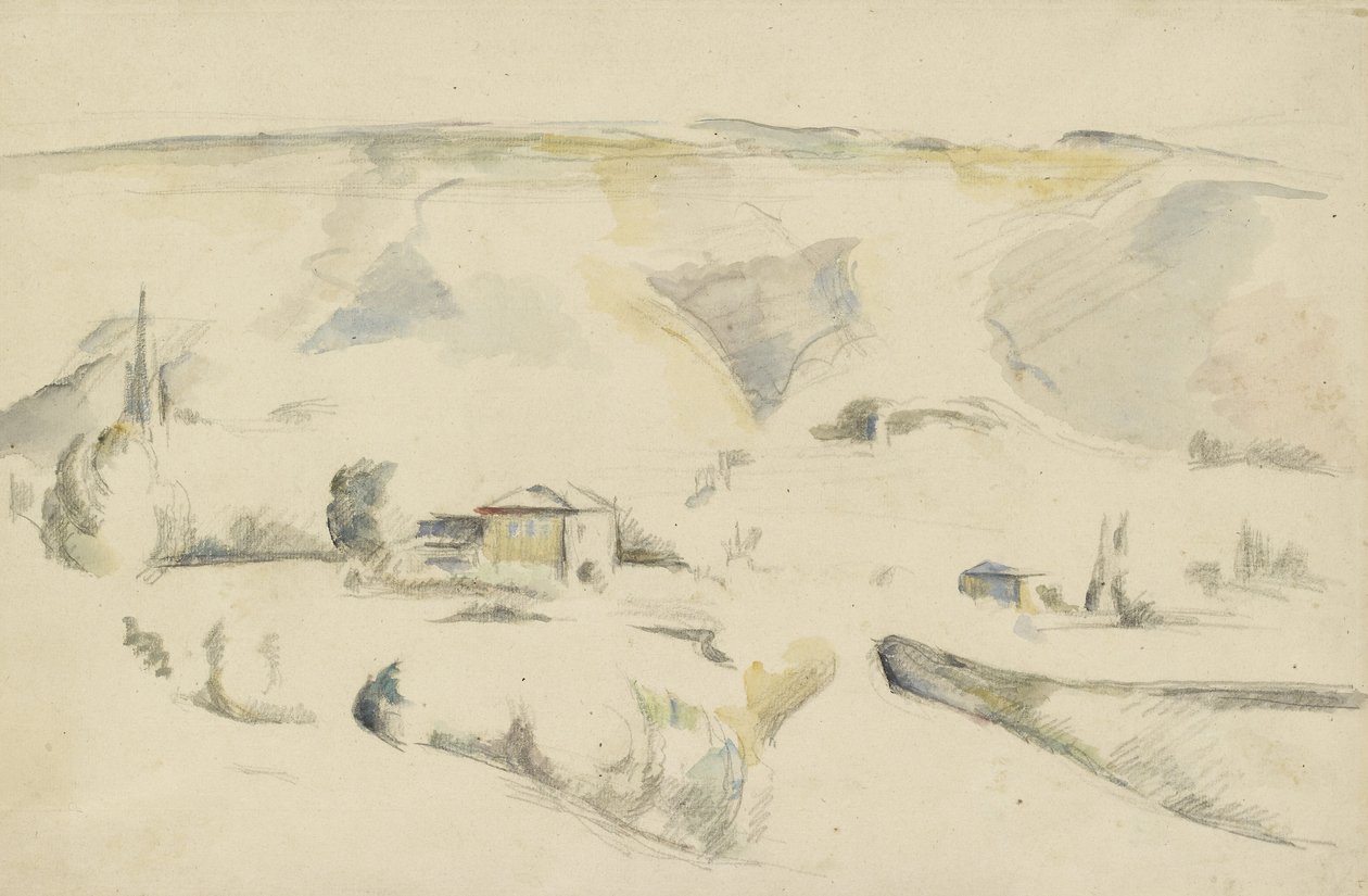 Recto: A View across a Valley (grafit och akvarell på benvitt papper) av Paul Cézanne