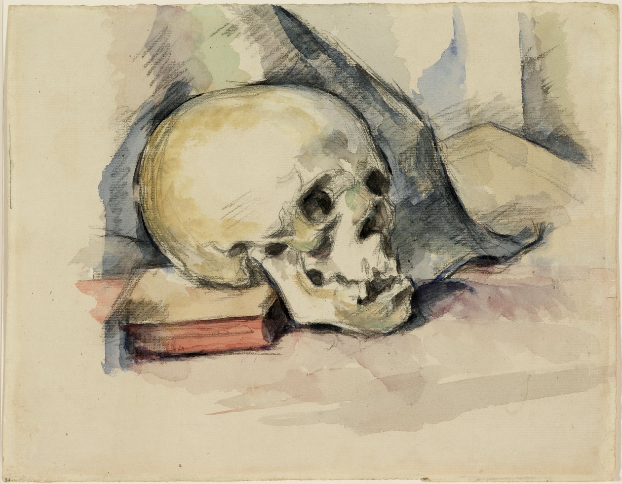 Skull and Book, c.1885 (wc över svart krita på papper) av Paul Cézanne