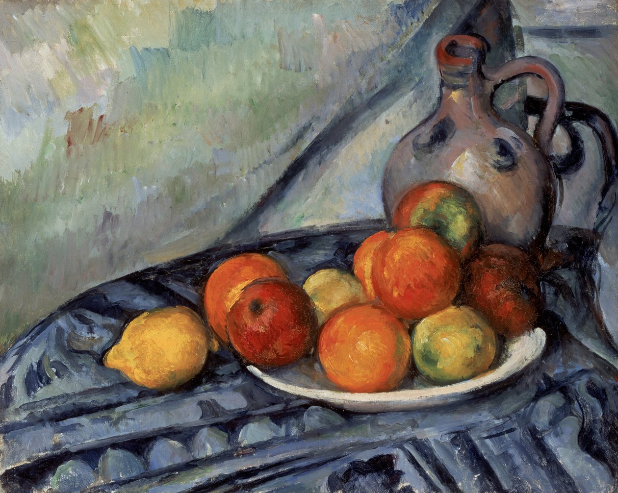 Frukt och en kanna på ett bord av Paul Cézanne