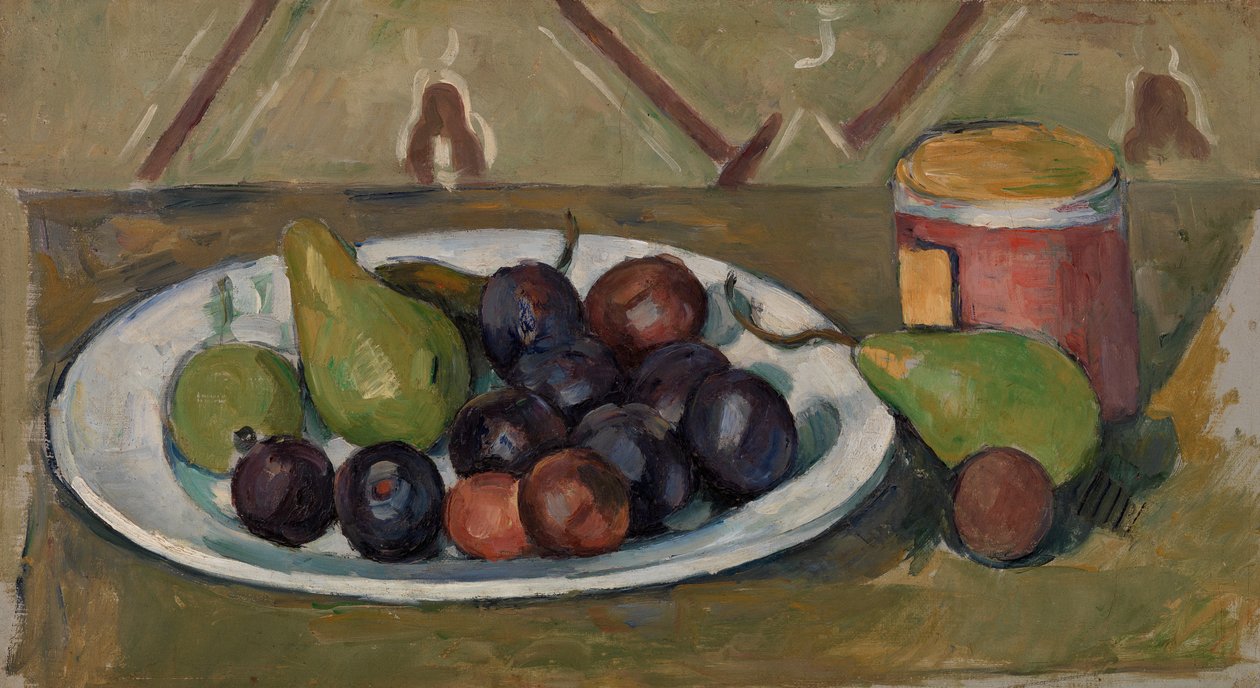 Tallrik med frukt och kruka med konserver, 1880-81 av Paul Cézanne