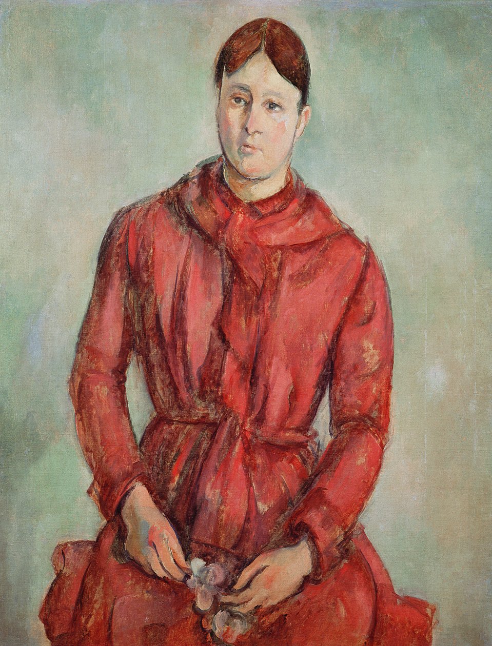 Portræt af Madame Cezanne i en rød kjole, ca. 1890 swed av Paul Cézanne