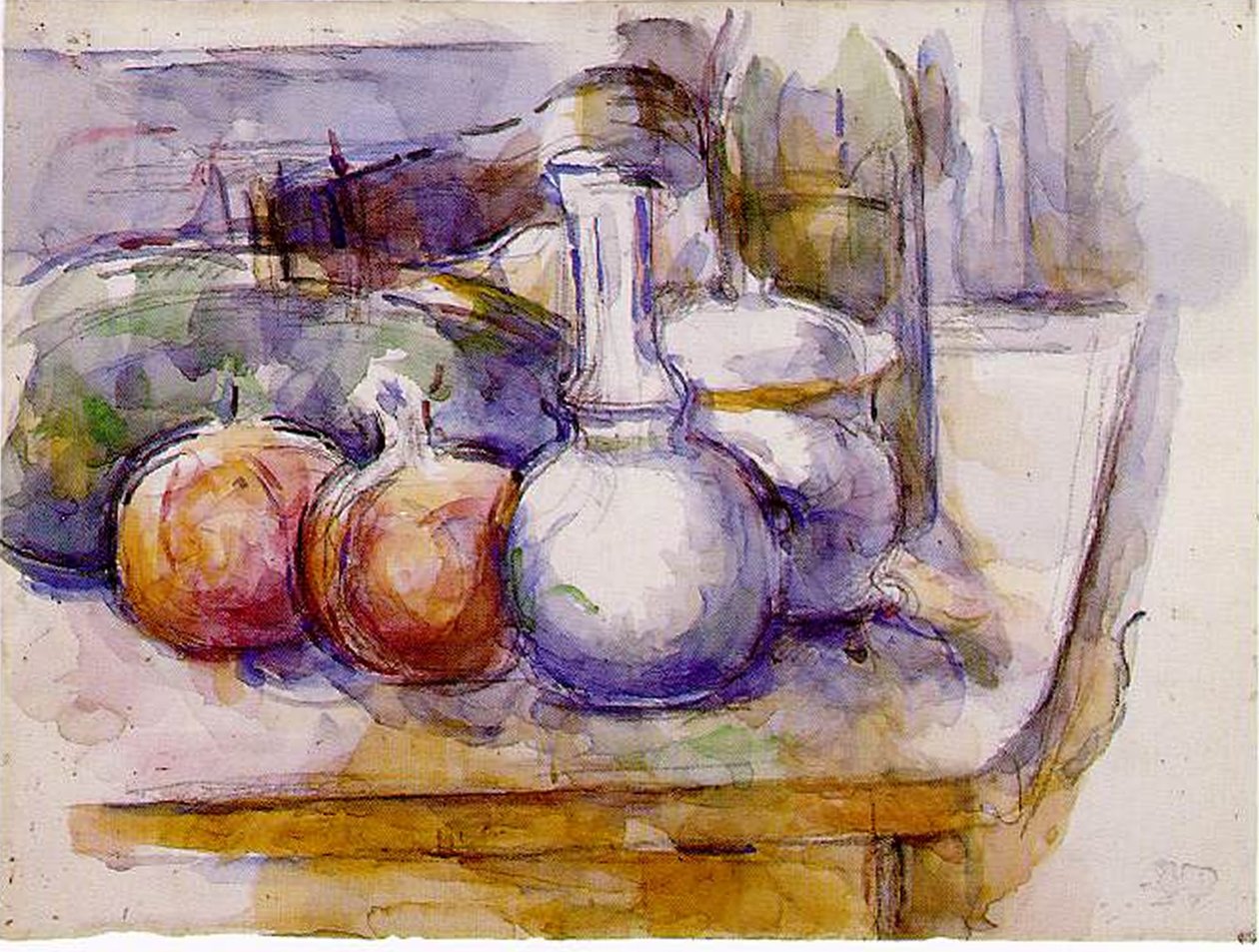 Stilleben: Karaff, flaska, granatäpplen, vattenmelon, 1900-06 (wc och svart krita på papper) av Paul Cézanne