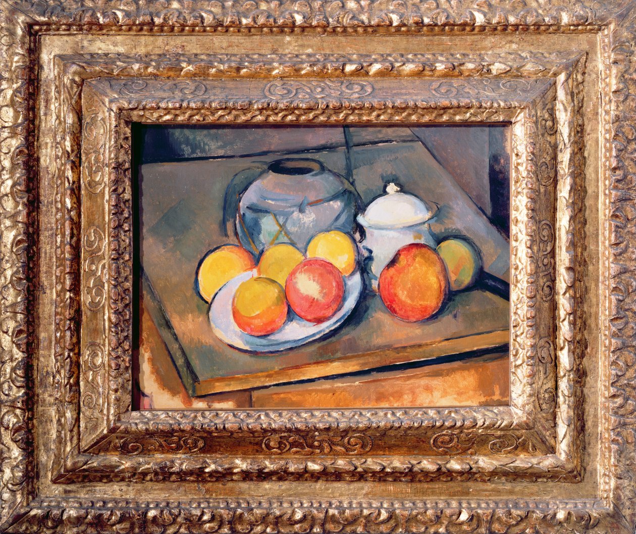 Halmklädd vas, sockerskål och äpplen, 1890-93 (se även 393804) av Paul Cézanne