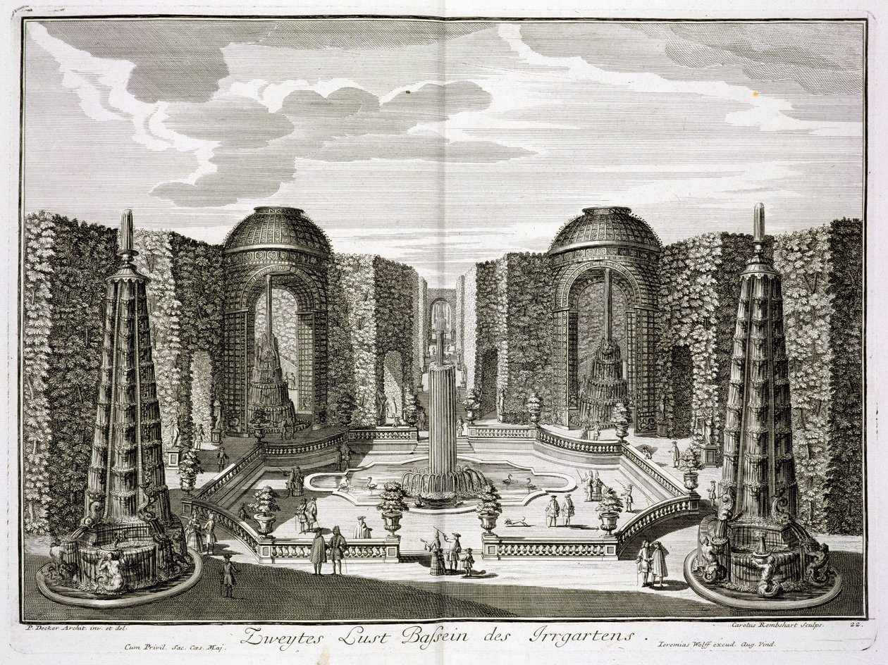 Fontänen i labyrinten vid Princely Pleasure Palace and Gardens, Berlin, graverad av Karl Remshard (1678-1735), publicerad c.1711-16 av Paul Decker