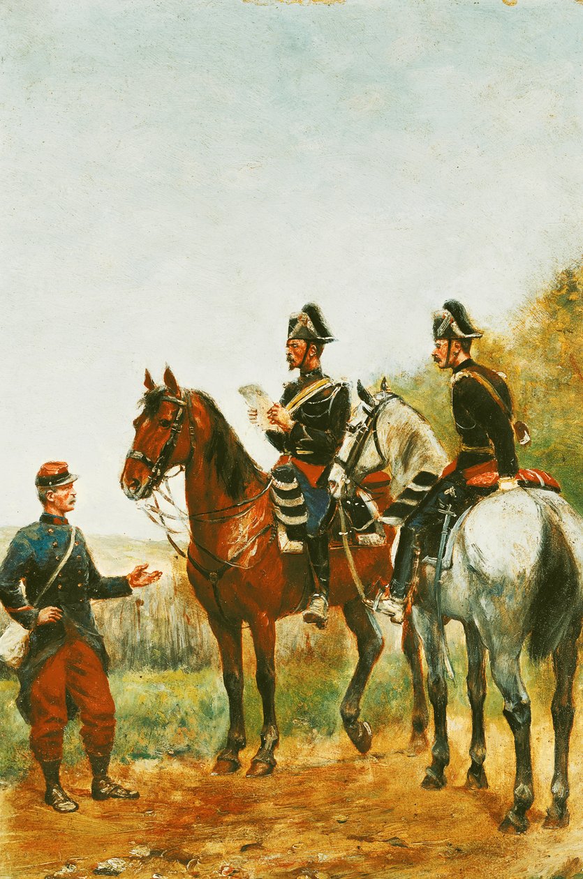 Poliser på inspektionsturné som kontrollerar en soldat 1885 av Paul Emile Leon Perboyre