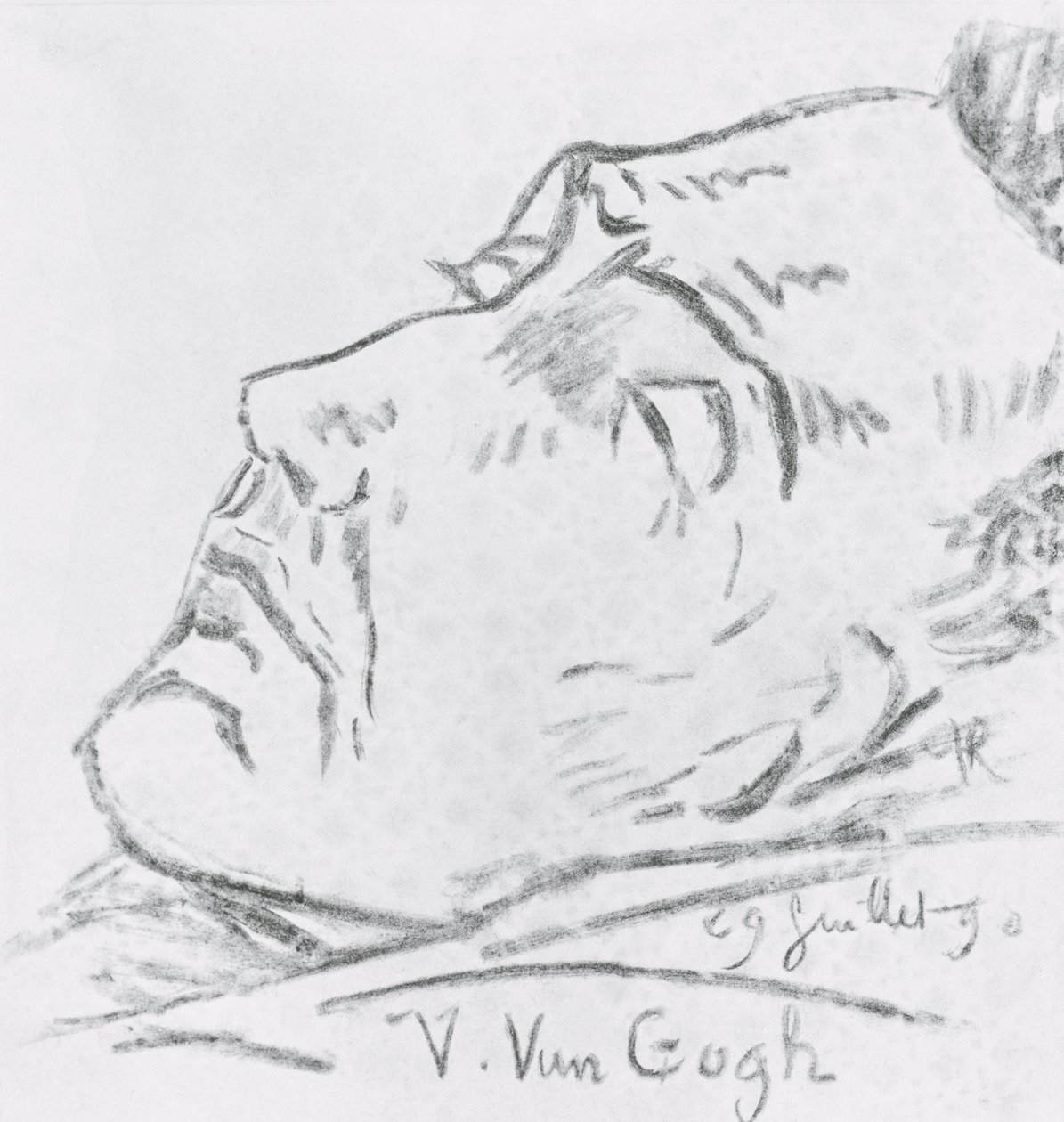 Porträtt av Vincent Van Gogh (1853-90) på sin dödsbädd, 29 juli 1890 (kol på papper) av Paul Gachet