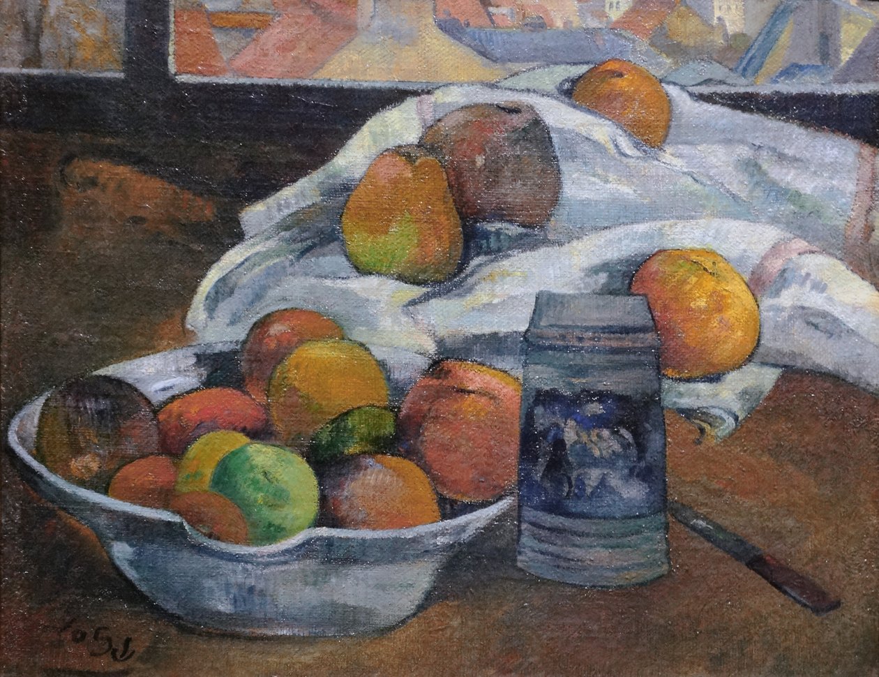 Skål med frukt och tankard framför ett fönster, ca 1890 av Paul Gauguin
