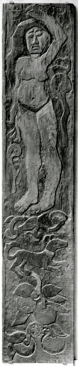 Ristade vertikal panel från dörrkarmen till Gauguins sista bostad i Atuona på Hiva Oa (Marquesasöarna), 1902 (sequoia) av Paul Gauguin