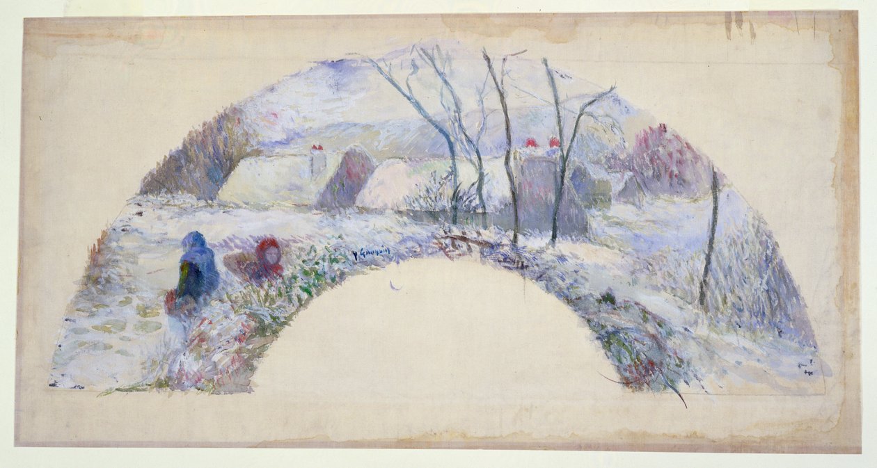 Trädgård under snö, ritning för en fläkt, ca 1885 (wc und bodycolour över svart krita på fint linne) av Paul Gauguin