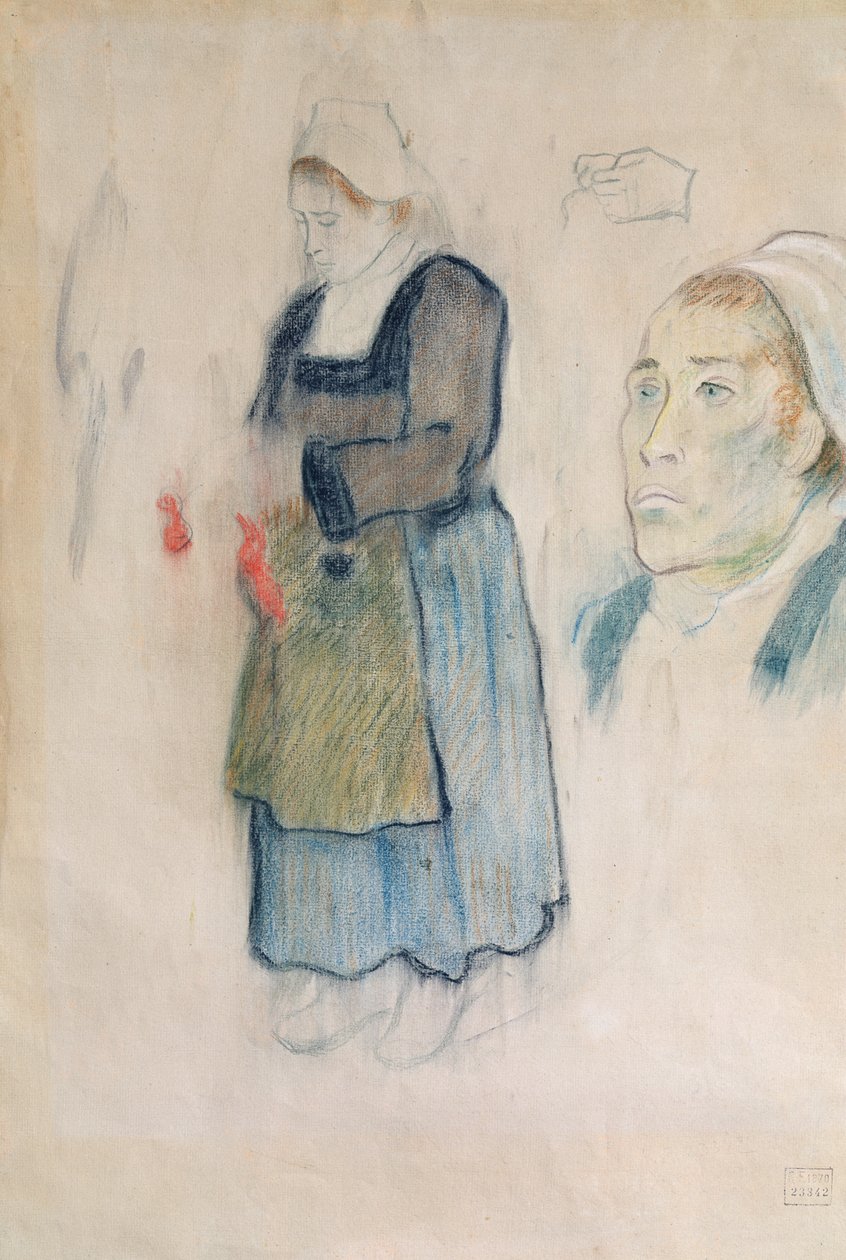 Studier av bretonska bönder, 1888 (röd krita, kol och pastell på beige papper) av Paul Gauguin