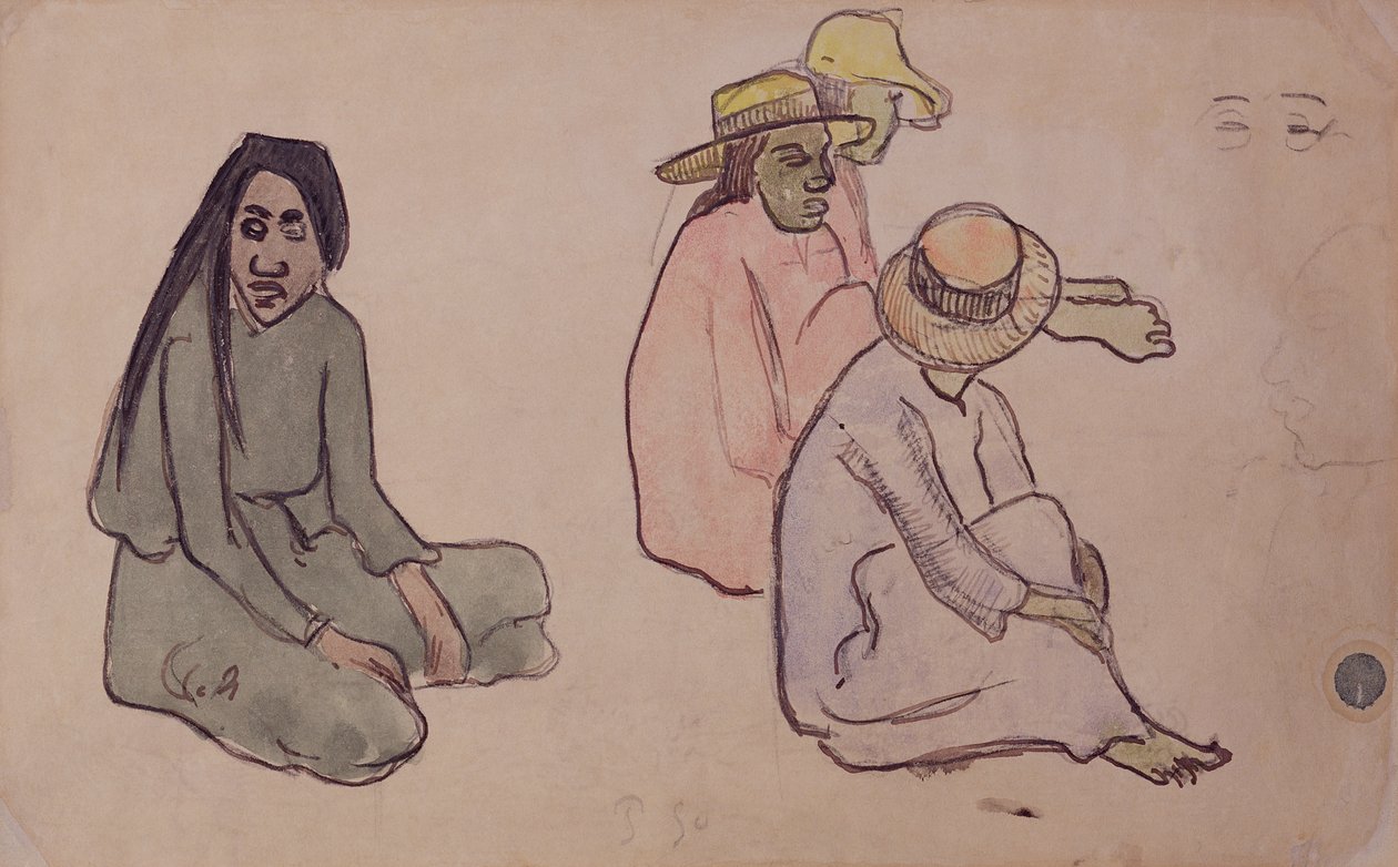 Studie av Tahitians (wc, bläck och penna på papper) av Paul Gauguin