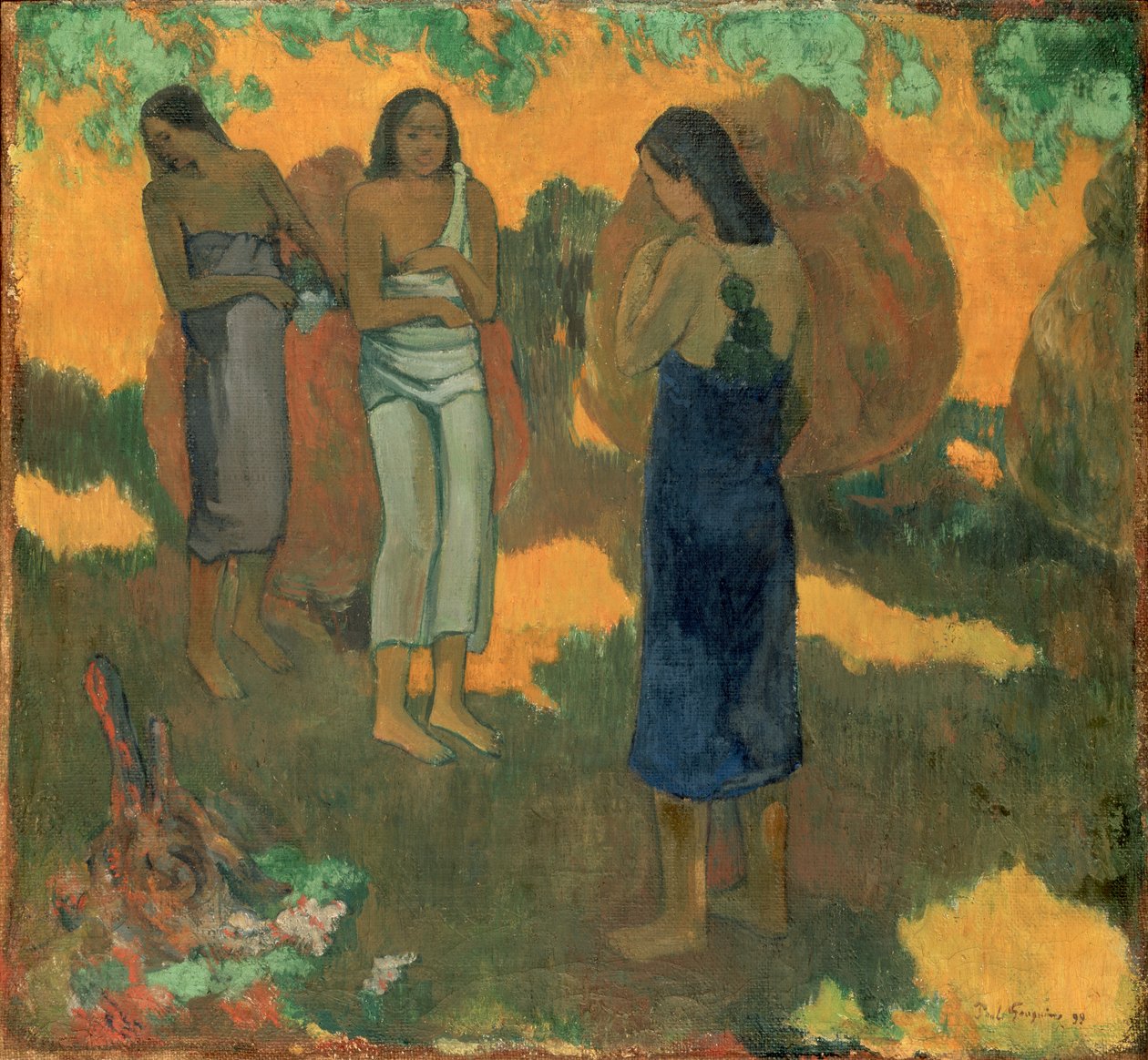 Three Tahitian Women Against a Yellow Background av Paul Gauguin