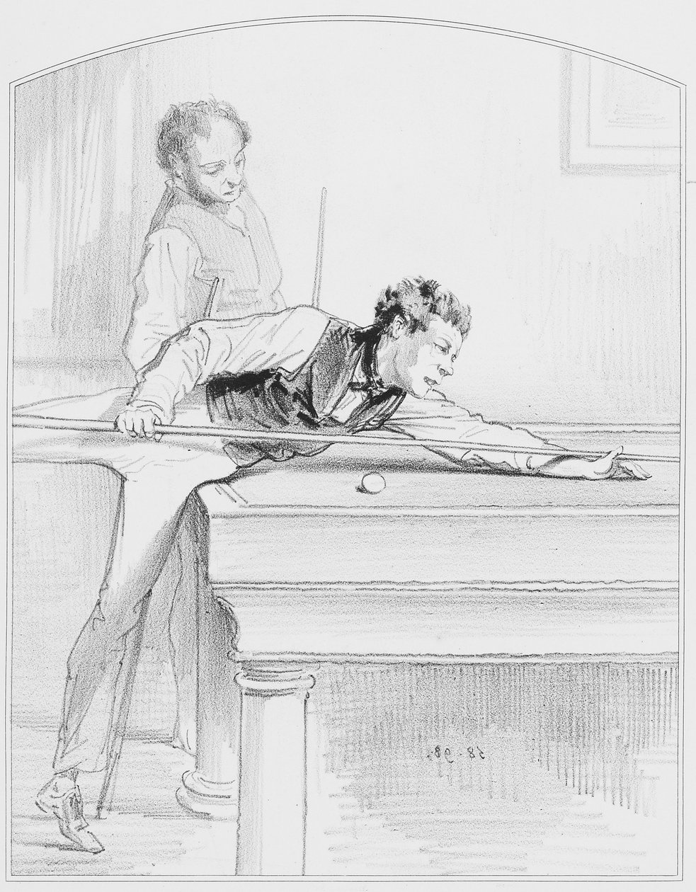 Le biljard, tavla 19 från Les Toquades, 1858 av Paul Gavarni