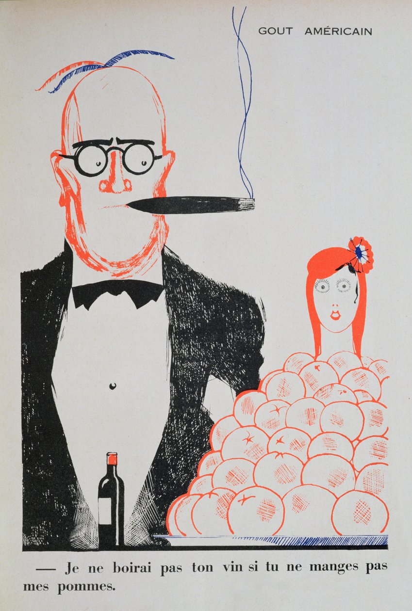 Karikatyr av fransk-amerikanska relationer, illustration från "Parlons Francais" av Paul Iribe (1883-1935), 1934 av Paul Iribe