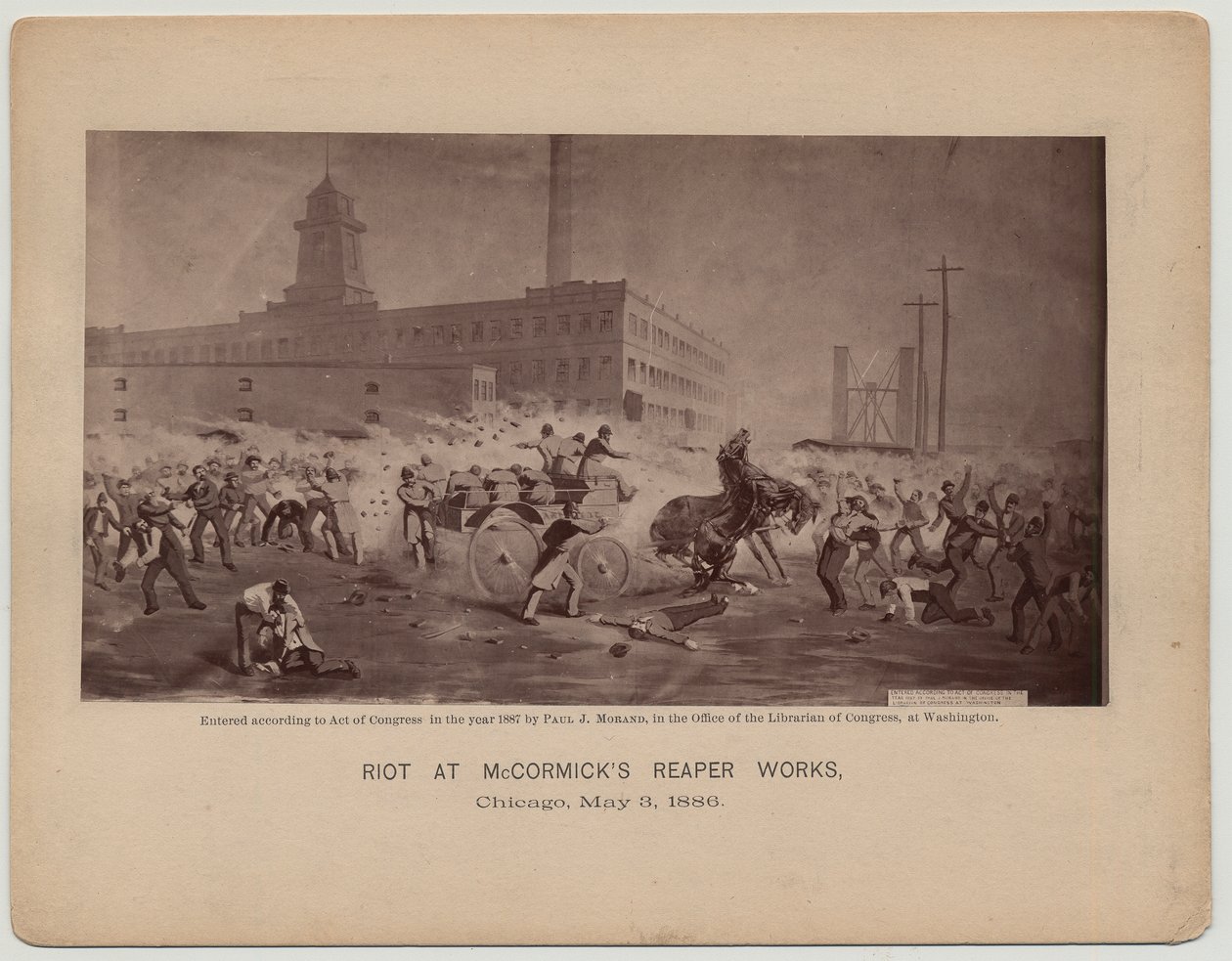 Riot på McCormicks reaper Works, Chicago, 3 maj 1886 av Paul J. after Morand