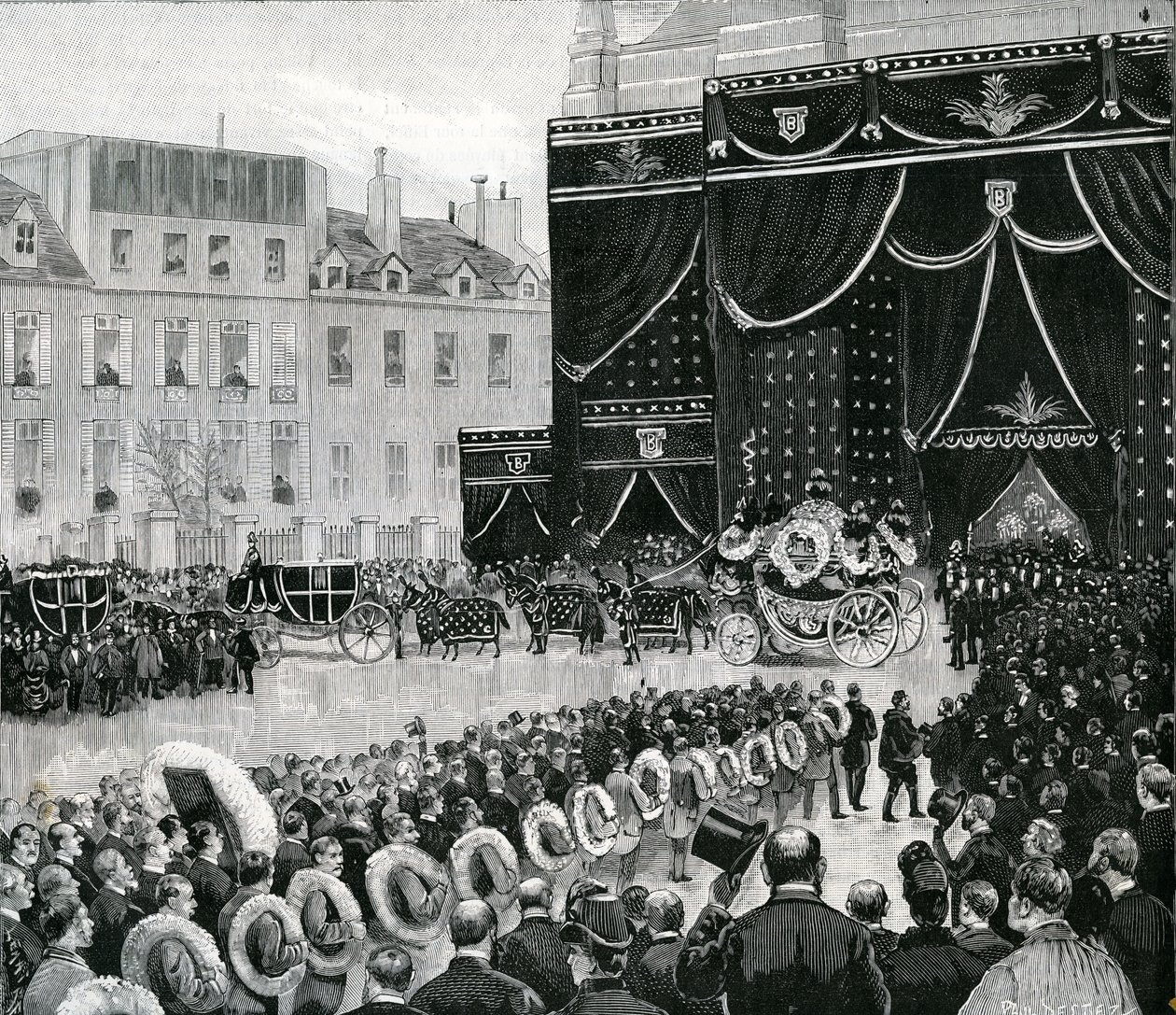 Ankomst av Marguerite Boucicauts begravningsprocession vid kyrkan Saint-Thomas dAquin i Paris, 1887 av Paul Destez