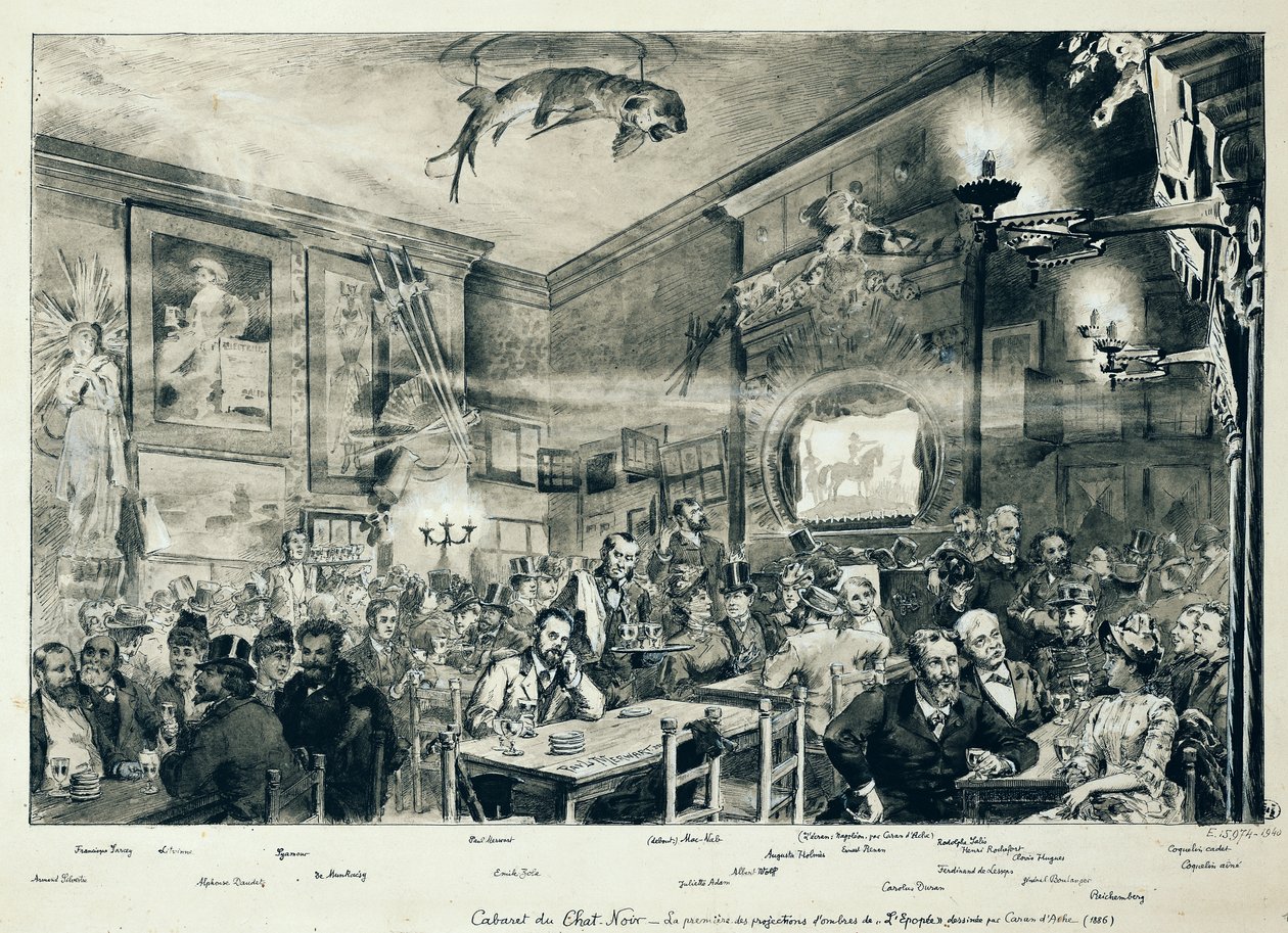 The Cabaret du Chat Noir, 1886 (penna och bläck och tvätt på papper) av Paul Merwart