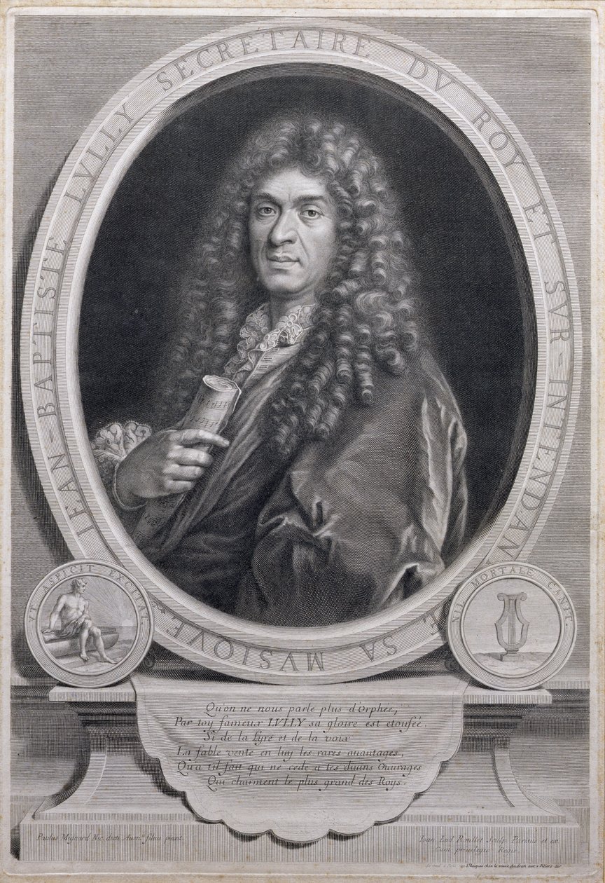 Porträtt av Jean Baptiste Lully (1632-87), fransk kompositör och operachef, graverad av Jean Louis Roullet (1645-99) av Paul Mignard