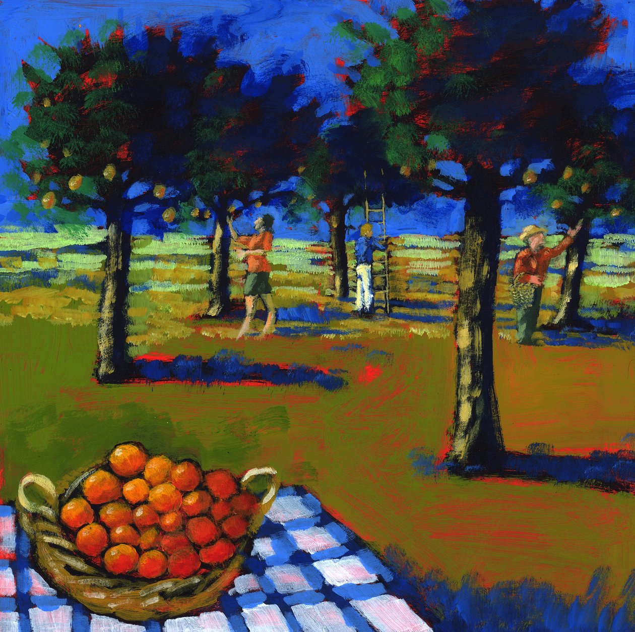Apelsinplockning, 2008 (akryl på tavla) av Paul Powis