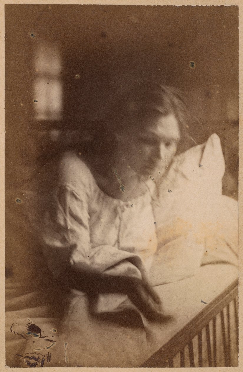Hysterisk epilepsi, anfall, slutfas, melankoliskt delirium, illustration från "Iconographie Photographique de La Salpetriere" av Bourneville et P. Regnard, platta XXI, Paris, 1876 (albumenprint). av Paul Regnard