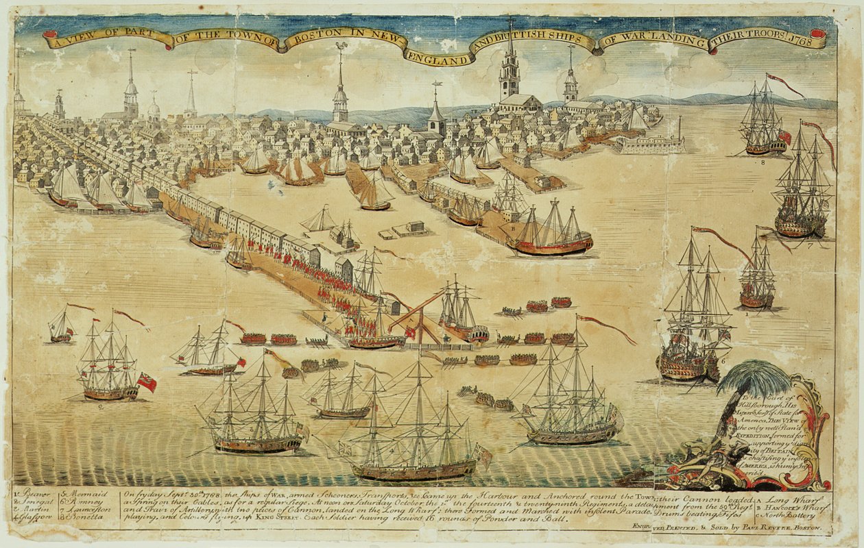 En vy över en del av staden Boston i New England och brittiska krigsfartyg som landar sina trupper! 1768 av Paul Revere
