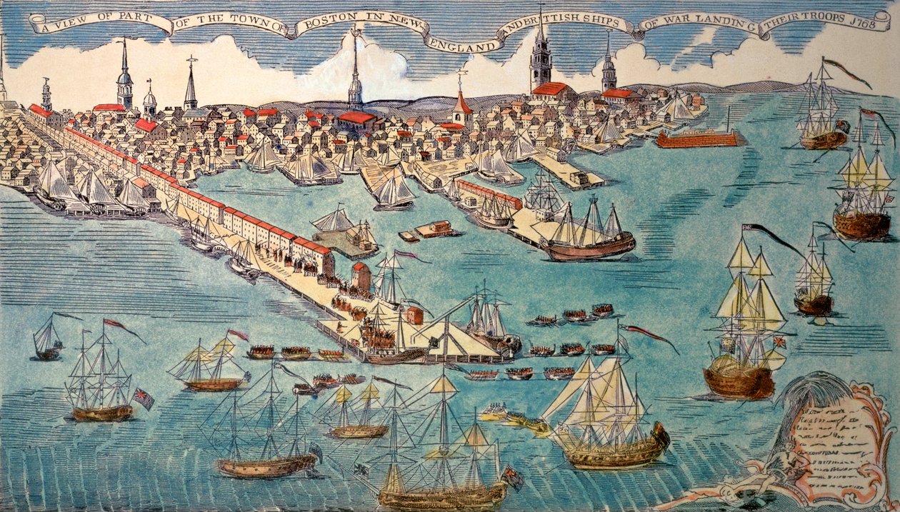 En vy över en del av staden Boston i New England och brittiska krigsfartyg som landar sina trupper, 1768 (handfärgad gravyr) av Paul Revere