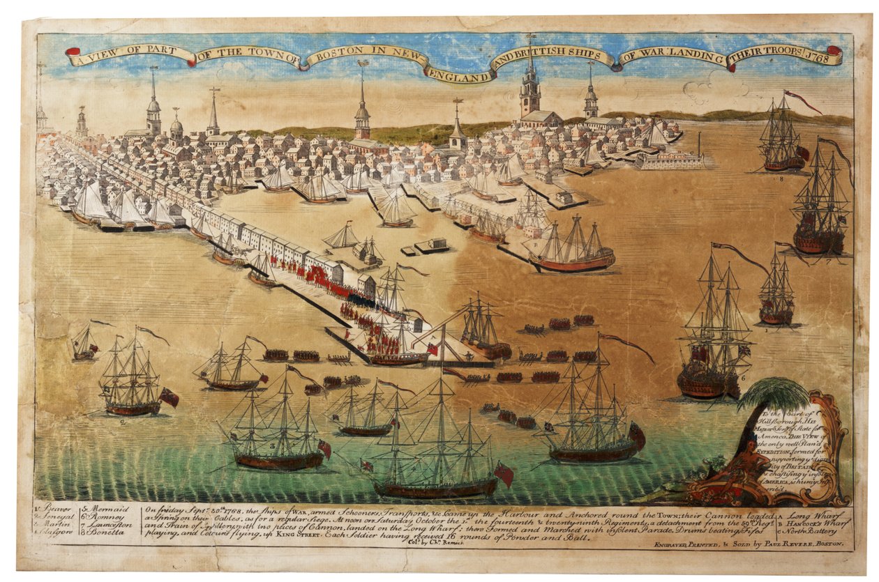 En utsikt över staden Boston i New England och brittiska krigsfartyg som landar sina trupper, 1768, 1770 av Paul Revere