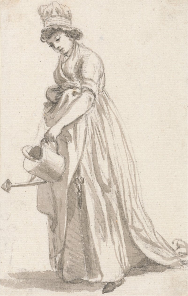 A Girl with a Watering Can facing left- Sarah Hough, Mrs. T.P. Sandbys Nursery Maid av Paul Sandby