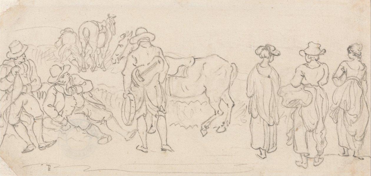 Figure with Lute and Tambourine, with Other Figures- Men Resting, Country Women, Horses, etc. av Paul Sandby