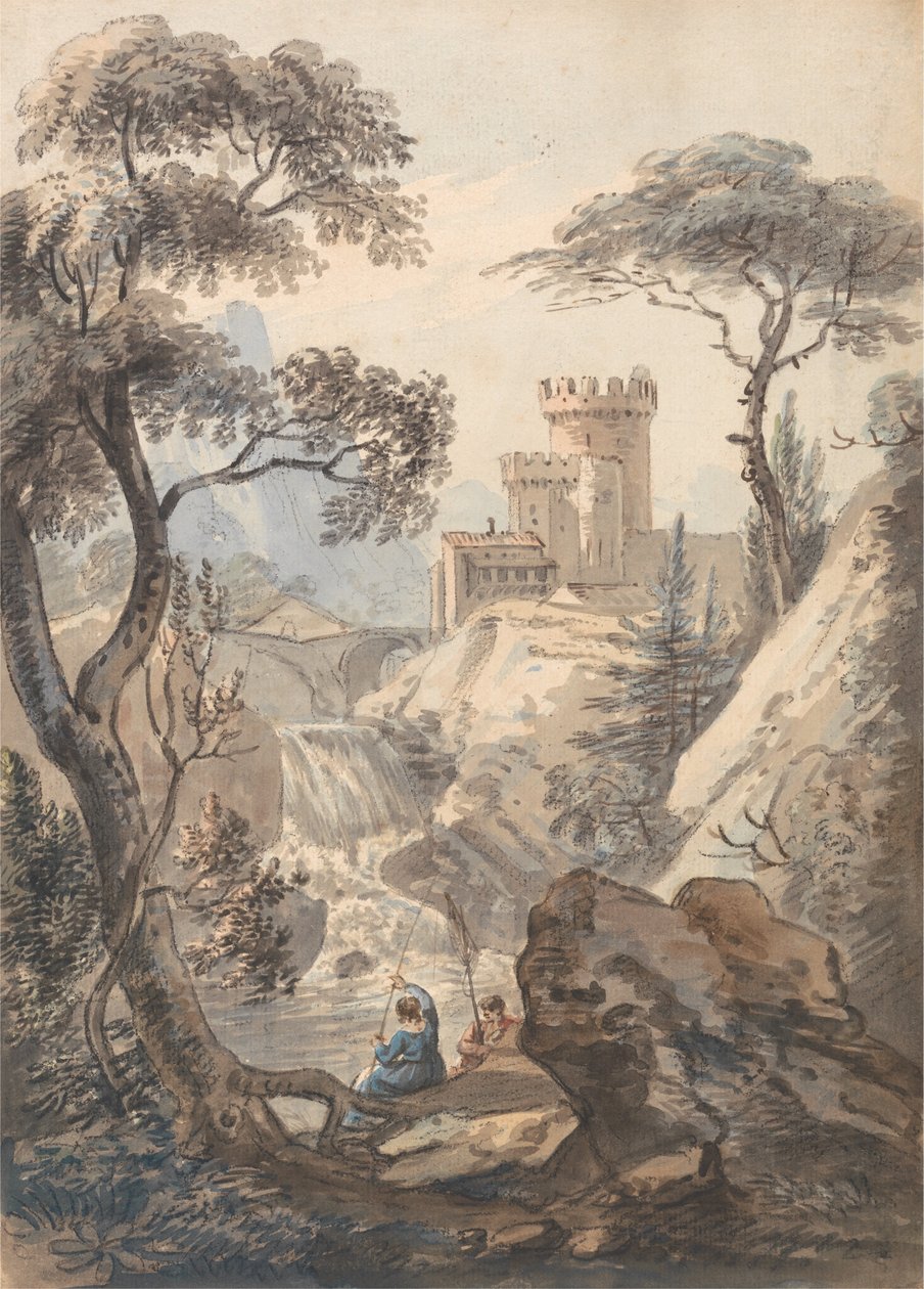 Italienska landskap med slott, kaskad och fiskare av Paul Sandby