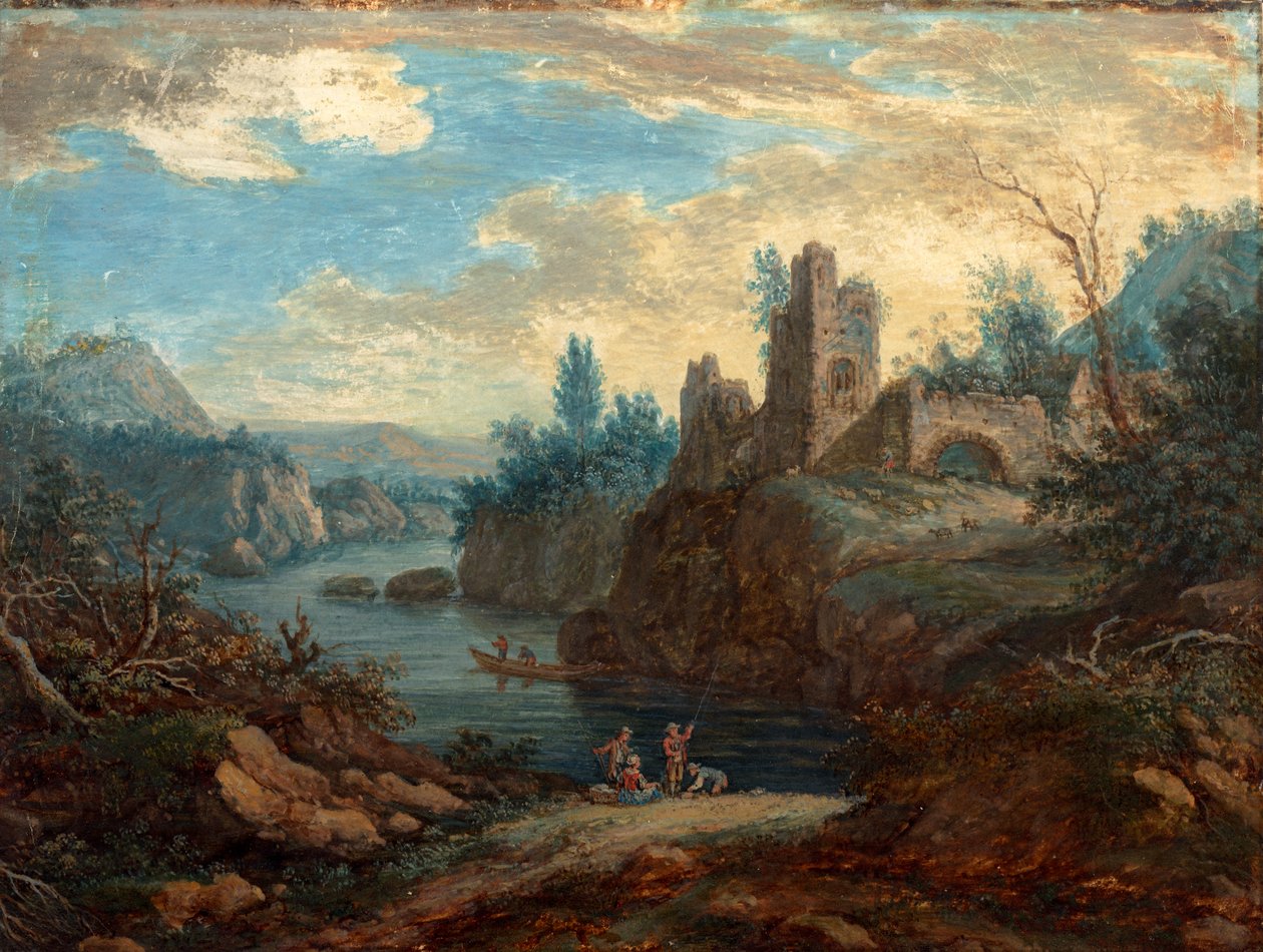 Landskap med ruiner och fiskare (bc på papper) av Paul Sandby