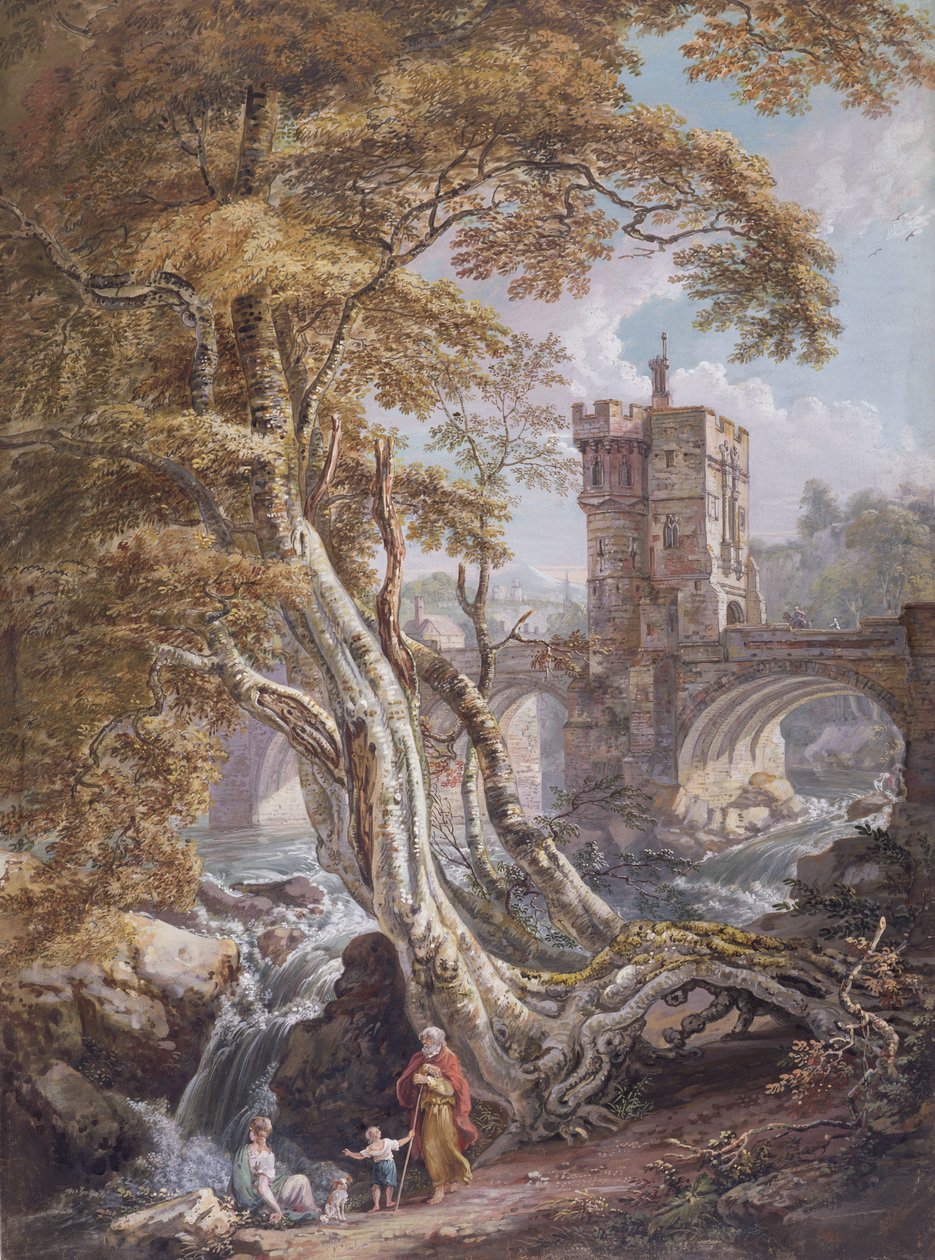 PD.8-1976 Utsikt över Old Welsh Bridge, Shrewsbury, ca 1770 (wc, gouache och bläck på papper) av Paul Sandby