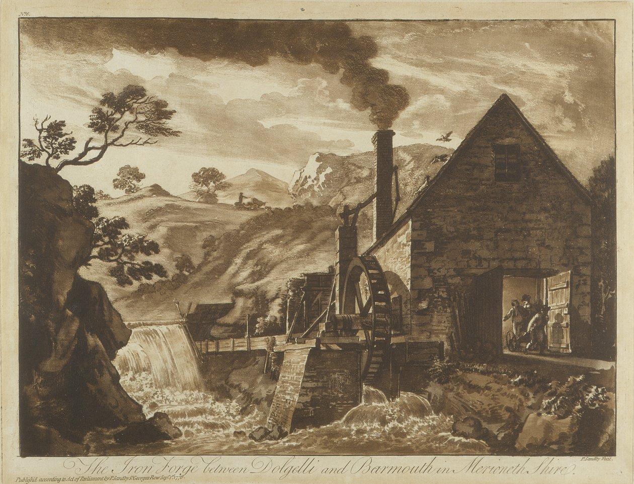 Iron Forge nära Dolgelli och Barmouth i Merionethshire, från Twelve Views i Wales, 1776 (akvatint) av Paul Sandby