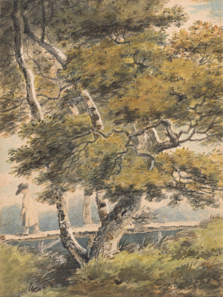 Trees, with a Man Crossing a Footbridge av Paul Sandby
