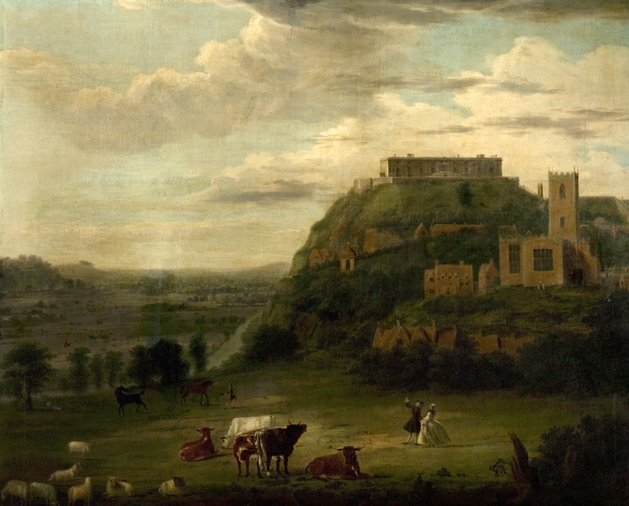 Utsikt över Nottingham Castle med St Nicholas" kyrka och hus, ca 1742-50 av Paul Sandby