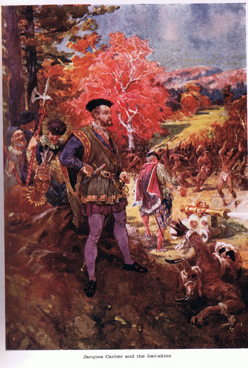 Jacques Cartier med rödskinnarna, illustration från "The Romance of Canada" av W.R.S. Scott av Paul Sandham
