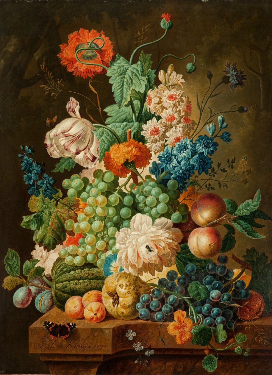 Frukt och blommor på ett marmorbord, 1794 av Paul Theodor van Brussel
