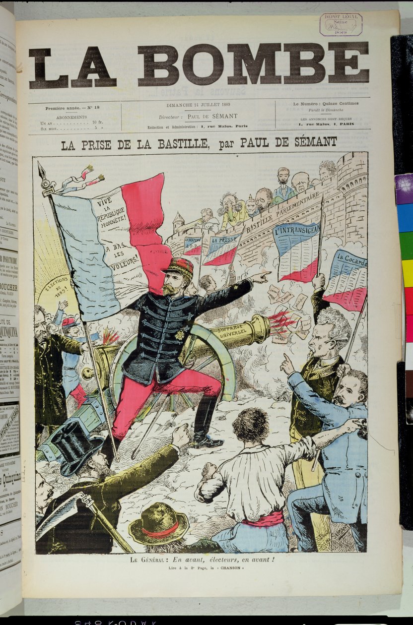 Omslag till "La Bombe" föreställande general Boulanger (1837-91) som "tar" Bastiljen, karikatyr över de franska valen 1889, 14 juli 1889 av Paul de Semant