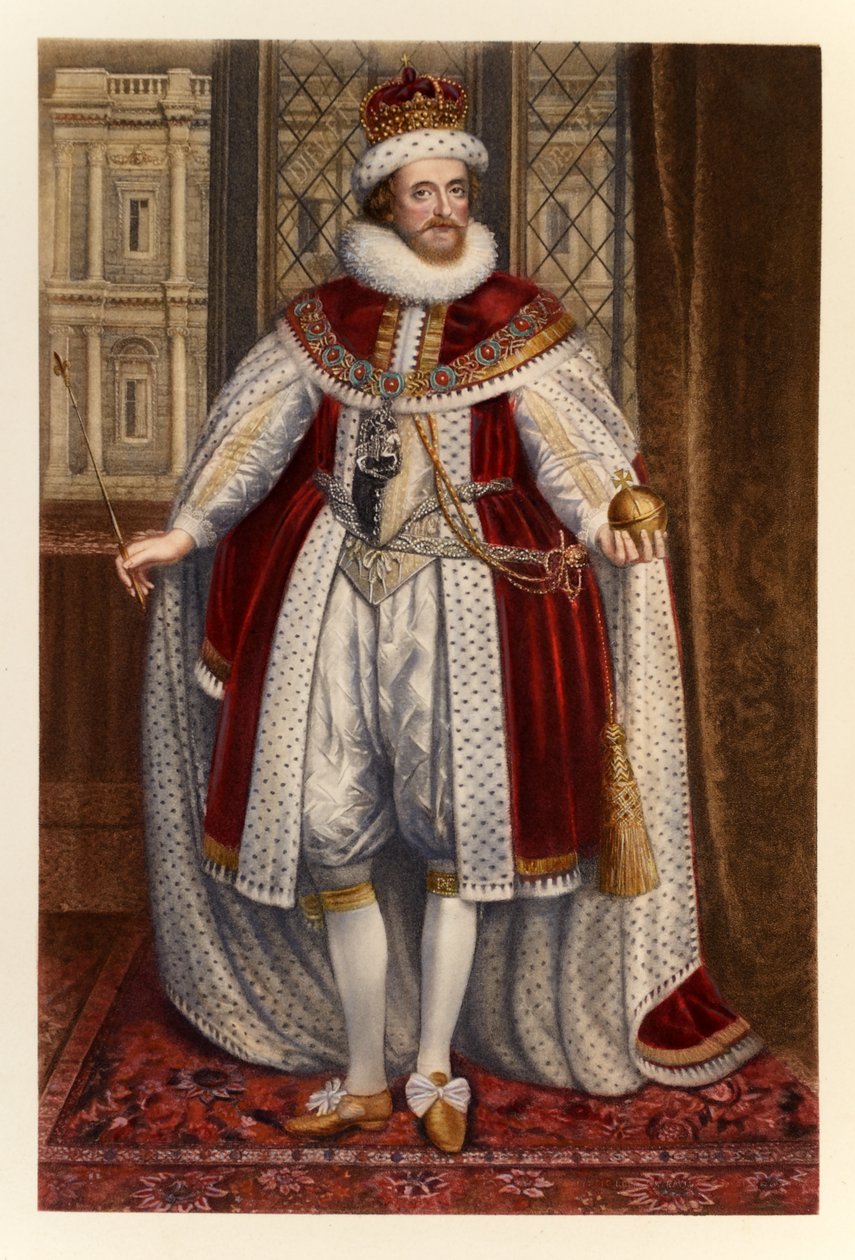 Kung Jakob I av England och VI av Skottland, från "James I and VI", graverad och tryckt av Manzi Joyant und Co. Paris, 1904 (färggravyr) av Paul van Somer