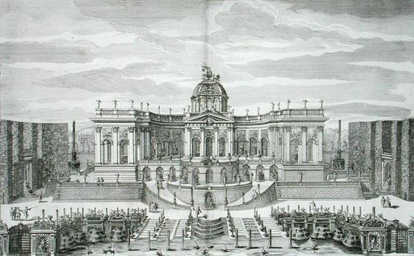 Den stora grottan och fontänträdgården vid Princely Pleasure Palace and Gardens, Berlin, graverad av Johann August Corvinus (1683-1738), publicerad c.1711-16 (gravyr) av Paul Decker
