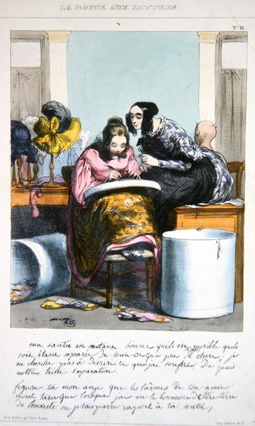 Arbetare i ett hattmakarföretag som skriver ett brev, ca 1840 (lito i färg) av Paul (after) Gavarni