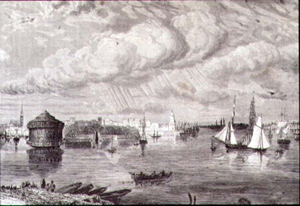 New York Harbor på 1860-talet (gravyr) av Paul (after) Huet